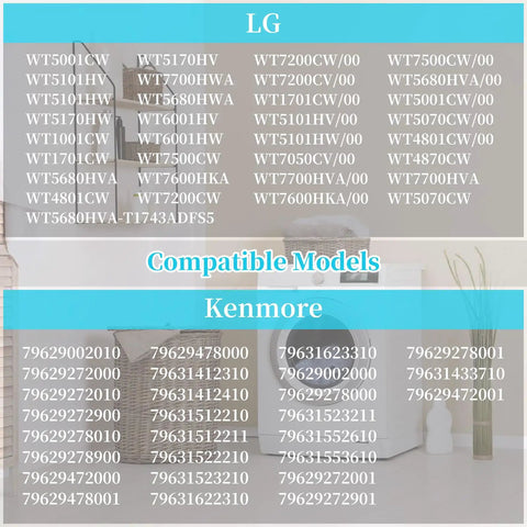 List of compatible LG and Kenmore washer models for Washing Shift Actuator Coupling Assembly Replacement, displayed on background