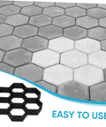Hexagon Concrete Paver Mold For DIY Gardens And Patios, Reusable Plastic Tile Molds To Create Custom Garden Paths, Walkways And Patio Floors, Size 11.41 X 11.02 X 1.69 In, Durable And Easy To Use showing black plastic mold next to concrete hexagon tiles.