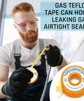 Installer applying Yellow Gas Pipe Thread Sealant Tape Half Inch Width Two Hundred Sixty Inch Length For Propane And Natural Gas Lines
