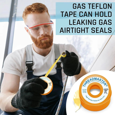 Installer applying Yellow Gas Pipe Thread Sealant Tape Half Inch Width Two Hundred Sixty Inch Length For Propane And Natural Gas Lines