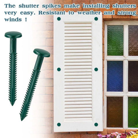 Top Shelf Sixty Pack 3 Inch Vinyl Shutter Fasteners Heavy Duty Exterior Window Panel Pegs And Spike Anchors For Wood Aluminum Shutters displayed next to a window.