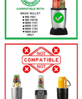 Compatibility chart for Replacement Short Cup With Stay Fresh Jar Lid For Magic Bullet Blenders listed and others not compatible.