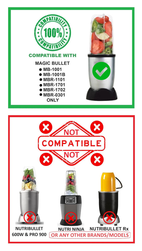 Compatibility chart for Replacement Short Cup With Stay Fresh Jar Lid For Magic Bullet Blenders listed and others not compatible.