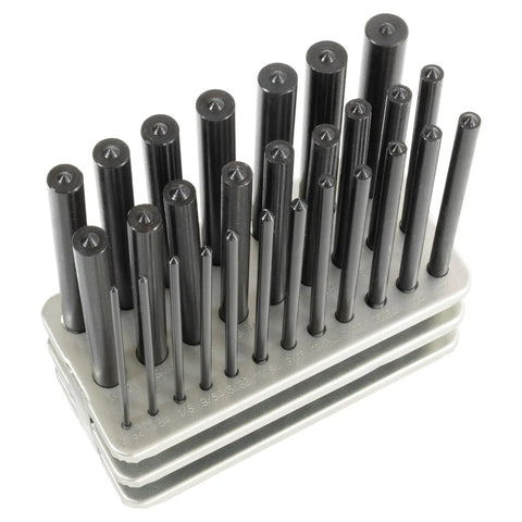 Transfer Punch Set 3/32 to 1/2 Inch, 28-Piece Heat-Treated Tool Steel Punches with holder, ideal for machining.