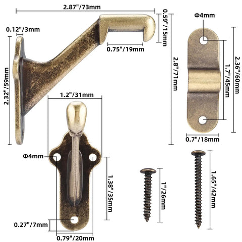 Rock Solid Handrail Stair Brackets For Staircases Heavy Duty Zinc Alloy Railing Supports With Screws Antique Brass Finish Easy Peasy Install Indoor Outdoor Pack Of Four with measurements and screws.
