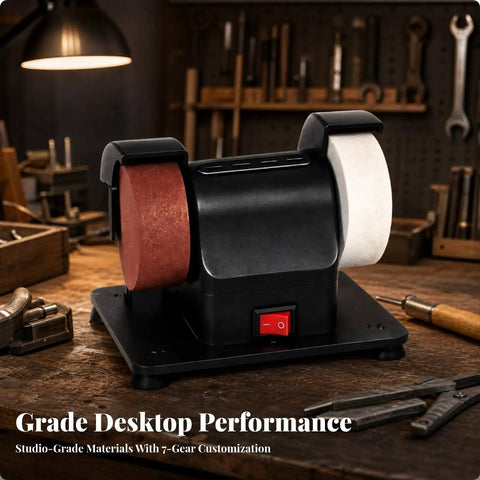 Nifty Compact Mini Bench Grinder With Solid Anti Slip Base Designed For Cramped Home Shops Kicks Off Smooth Polishing And Light Metalworking. Compact design with red and white grinding wheels on stable base.