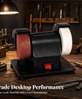 Tough As Nails Mini Bench Grinder With Genuine Copper Motor And Seven Adjustable Settings For Honing Knife Blades And Polishing Aluminum On Any Tight Workshop Table with red and white wheels on stable base.
