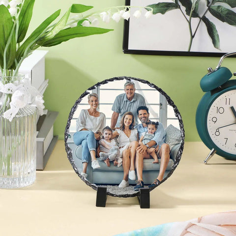 10 Pack Bulk Sublimation Slate Blanks With Display Holders For Dope DIY Crafts Photo Frames on desk with family photo