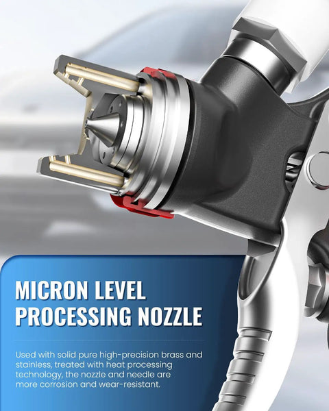 Heavy Duty HVLP Gravity Feed Paint Sprayer Gun With Adjustable Air Regulator nozzle close up showing micron level processing for precision.