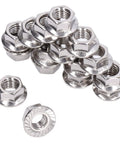 Fifty-Piece Flange Nut Set For Automotive And Machinery, Stainless Steel A2-70 DIN 1587 Locking Nuts in a stack