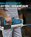 Person using the 2-In-1 Cordless Grease Gun Kit With Dual Grips, 12,000 PSI High Pressure, equipped with blue handle and black grip.