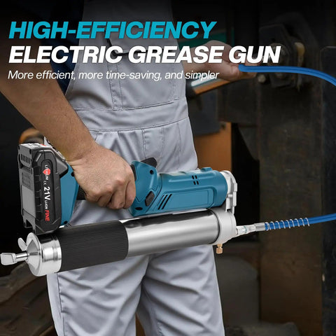 Person using the 2-In-1 Cordless Grease Gun Kit With Dual Grips, 12,000 PSI High Pressure, equipped with blue handle and black grip.