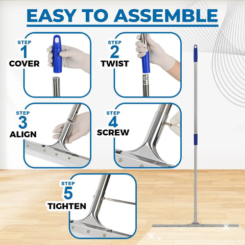 Assembly steps for 28 Inch Heavy Duty Squeegee For Concrete Floors And Wet Surfaces With Industrial Rubber Blade Quick Water Removal Tool For Garages Warehouses Driveways And Commercial Use displayed.