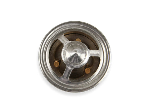 High Performance High Flow Thermostat Opens At 180 Degrees For Street, Drag, And Oval Track Racing, Copper And Brass Construction Resists Coolant Pressure Variations And Delivers Consistent Temperature At High RPM. round copper brass thermostat front view