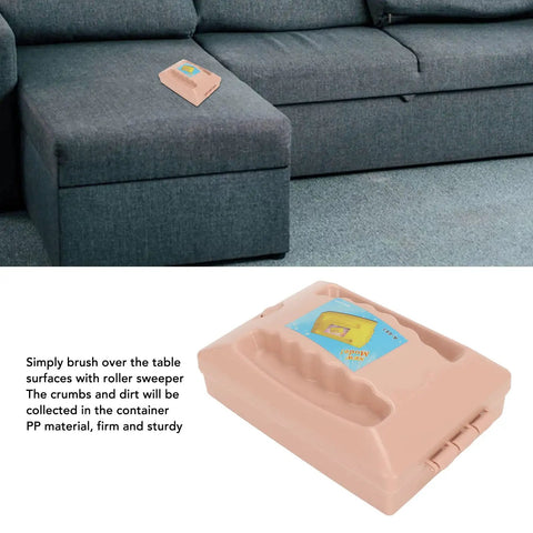 Dual Roller Carpet Sofa Sweeper With Double Action Floor Dust Collector on a couch, compact brush for cleaning pet hair and crumbs.