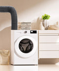 Laundry room with 8Ft Flexible Aluminum Dryer Vent Hose 4 Inch Duct With Rubber Seal Connectors attached to dryer and wall vent.