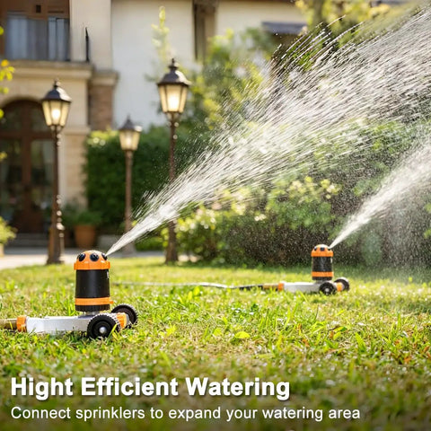 Gear Drive Lawn Sprinkler With Metal Wheel Base Built To Last Heavy Duty Six Pattern Water Sprinkler System spraying on lawn