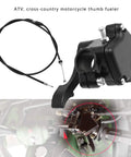Seven Eighths Inch Thumb Throttle Cable For 22mm Handlebar, 46.5 Inch Long Wire, metal section, shown with installation example on ATV