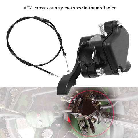 Seven Eighths Inch Thumb Throttle Cable For 22mm Handlebar, 46.5 Inch Long Wire, metal section, shown with installation example on ATV