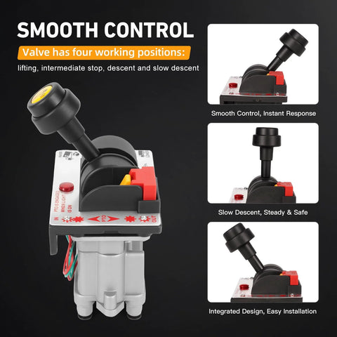 PTO Hoist Air Control Kit With Kickout And K90 Valve For Dump Trucks 10m Tube shown with control lever and smooth control valve positions