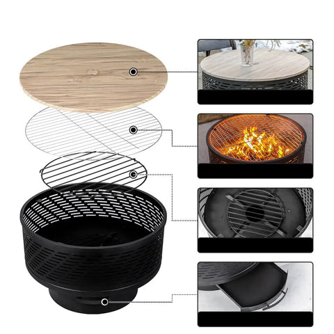 Diagram of 26 Inch Wood Burning Fire Pit Table With Grill And Lid For Backyard BBQs And Bonfire Nights, showing components