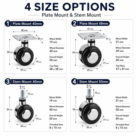 Four Pack Alloy Heavy-Duty Swivel Caster Wheels, 360 Degree Twin Wheel Casters With Plate Mount Or M8 Threaded Stem sizes