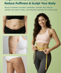 Woman measuring waist, highlighting effects of Lymphatic Drainage Massager For Legs Arms And Belly With Microcurrent Light Heat And Vibration