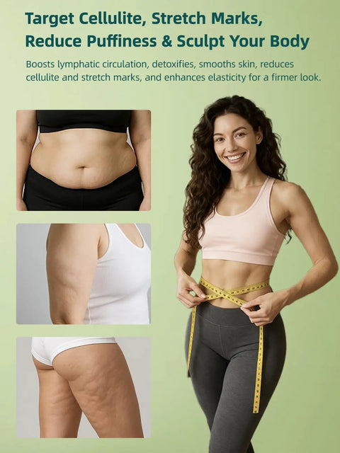 Woman measuring waist, highlighting effects of Lymphatic Drainage Massager For Legs Arms And Belly With Microcurrent Light Heat And Vibration