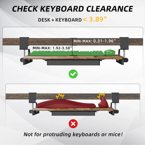 Diagram showing clearance requirements for Under Desk Keyboard Tray 19.7 X 12.2 Inches With C Clamp, proper and improper setups.