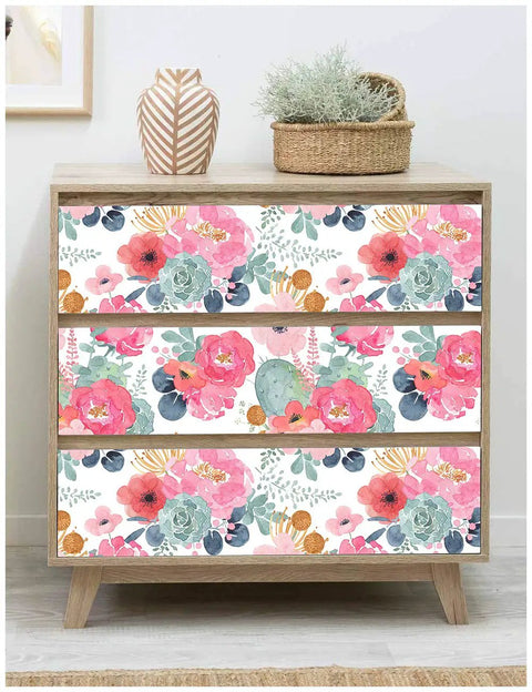 Dresser with peel and stick white floral wallpaper featuring pink peonies and eucalyptus for nursery or bedroom boho vibe