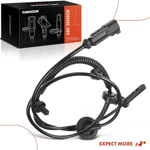 Heavy Duty No Nonsense Antilock Braking System Sensor For Buick Enclave Chevy Traverse GMC Acadia 3.6L 4WD SUV Front Axle Wheel Speed Sensor Drop In Replacement on a black background with packaging.