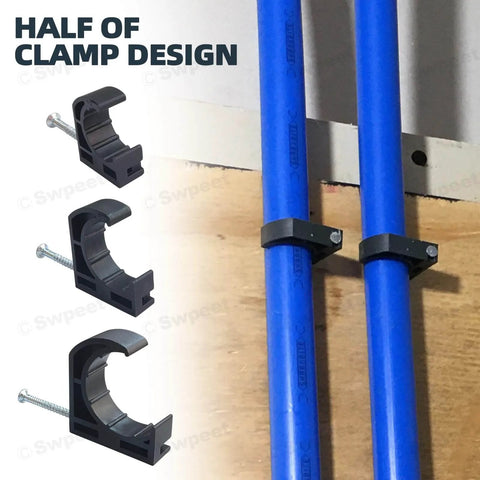 Black Half Clamp J Hook Nail Assortment Kit, 50 Pcs, Plastic Small J Clamps For PEX Tubing 1 Inch Pipe Support installed on pipes