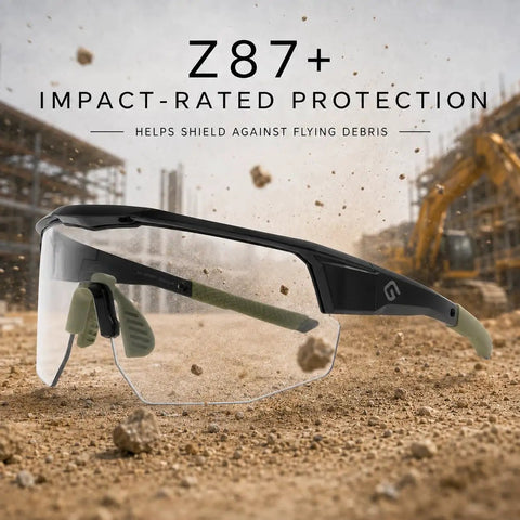 Boss Level Z87 Plus Impact Rated Safety Glasses Featuring Hella Slick Photochromic Lenses showcasing clear lenses and olive frame outdoors.