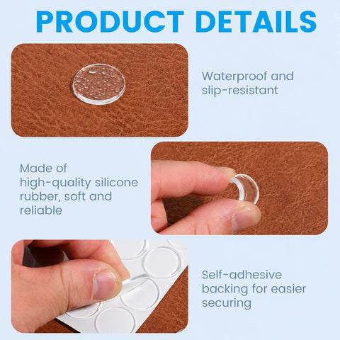 Clear Glass Table Top No Slip Pads 48Pcs Self Adhesive Rubber Bumpers 20mm By 2mm, shown with silicone texture and backing.