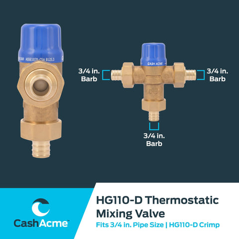 Cash Acme HG110-D brass thermostatic mixing valve with 3/4 in barb connections and blue adjustment cap.