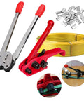 Top Shelf Heavy Duty Manual Strapping Tool For Plastic Strap Crushes Heavy Lifting Tasks Without A Sweat Built In Tensioner Sealer And Cutter For Half To Three Quarter Inch Bands with yellow strap and metal clips.