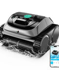 Cordless Robotic Pool Cleaner For Inground And Above Ground Pools, 4-In-1 Cleaning, Wall And Waterline Scrubbing, Up To 1,614 Sq Ft, 150-Min Run Time, Smart Navigation, App Control, Powerful 3,038 GPH Suction With 180 Micron Filter, shown with app control on smartphone display.