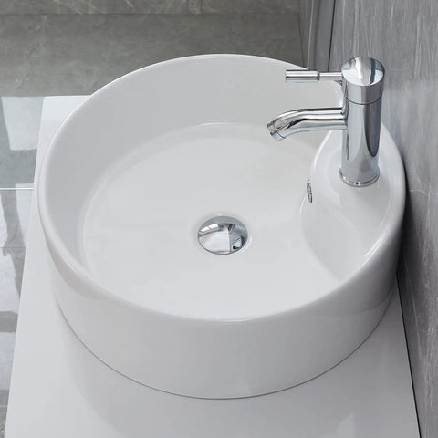 18.3x18.3x6.3 Inch Round White Ceramic Vessel Sink With Faucet And Pop Up Drain on bathroom vanity