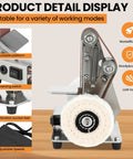 Badass Mini Belt Sander Bench Grinder Offering Seven Adjustable Speeds All Copper Motor Rust Resistant Body showing adjustable platform and reversing switch.