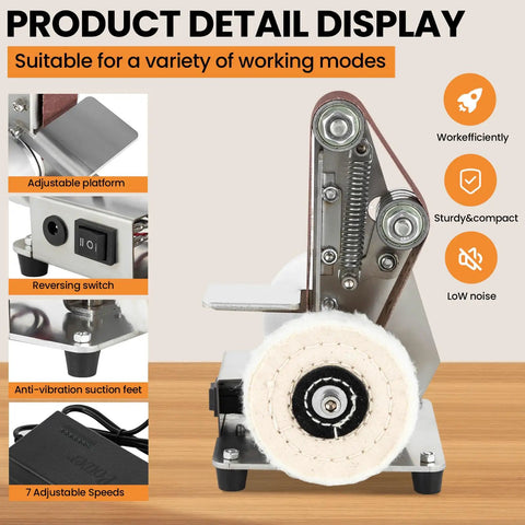 Badass Mini Belt Sander Bench Grinder Offering Seven Adjustable Speeds All Copper Motor Rust Resistant Body showing adjustable platform and reversing switch.