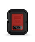 Back view of InReach Messenger Plus Satellite SOS Communicator with red SOS button, black casing, and certification labels.