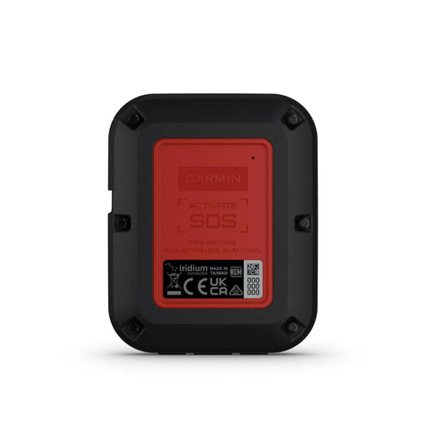 Back view of InReach Messenger Plus Satellite SOS Communicator with red SOS button, black casing, and certification labels.