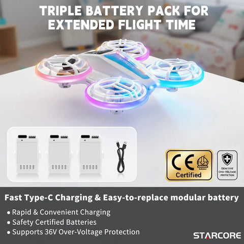 Kid Friendly Dual Module Lighting Drone With Triple Battery Pack For Extended Flight Time displayed on a table