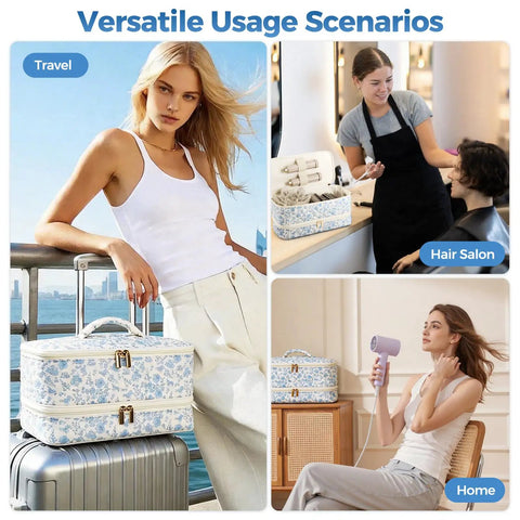 Travel Hair Tools Case For Styling Systems, Spacious Carryall with floral design, shown in travel, salon, and home settings.
