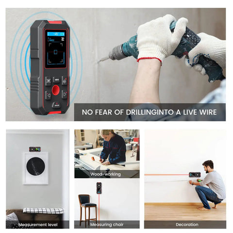 Three In One Stud Finder With 196 Feet Laser Measure And Wall Scanner in use for wall mounting and carpentry projects