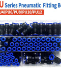 Heavy Duty Straight Push Pneumatic Fitting Connector Kit For Air Hose Tube Trachea Pipe Including 23 Pc Assortment Sizes 4mm To 12mm Super Easy Install And Leak Proof Polyurethane PU Plastic Couplers in PU4/PU6/PU8/PU10/PU12 box