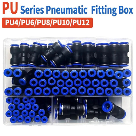 Heavy Duty Straight Push Pneumatic Fitting Connector Kit For Air Hose Tube Trachea Pipe Including 23 Pc Assortment Sizes 4mm To 12mm Super Easy Install And Leak Proof Polyurethane PU Plastic Couplers in PU4/PU6/PU8/PU10/PU12 box