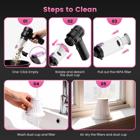 Steps to clean Cordless Car Vacuum Cleaner With Beast Mode 25000Pa Cyclonic Suction showing dust cup removal, washing, and drying filters.