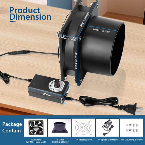 80mm 12V Axial Exhaust Fan With AC Plug Dual Ball Bearings For DIY Soldering And 3D Printer Enclosures Beefed Up Airflow Dial Controller For Strong Cooling And Fume Extraction, shown with controller and plug on a wooden surface