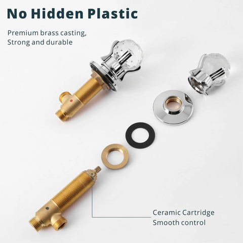 Components of LED Waterfall Bathroom Faucet With Temperature Sensitive Light, polished chrome crystal handles, ceramic cartridge.